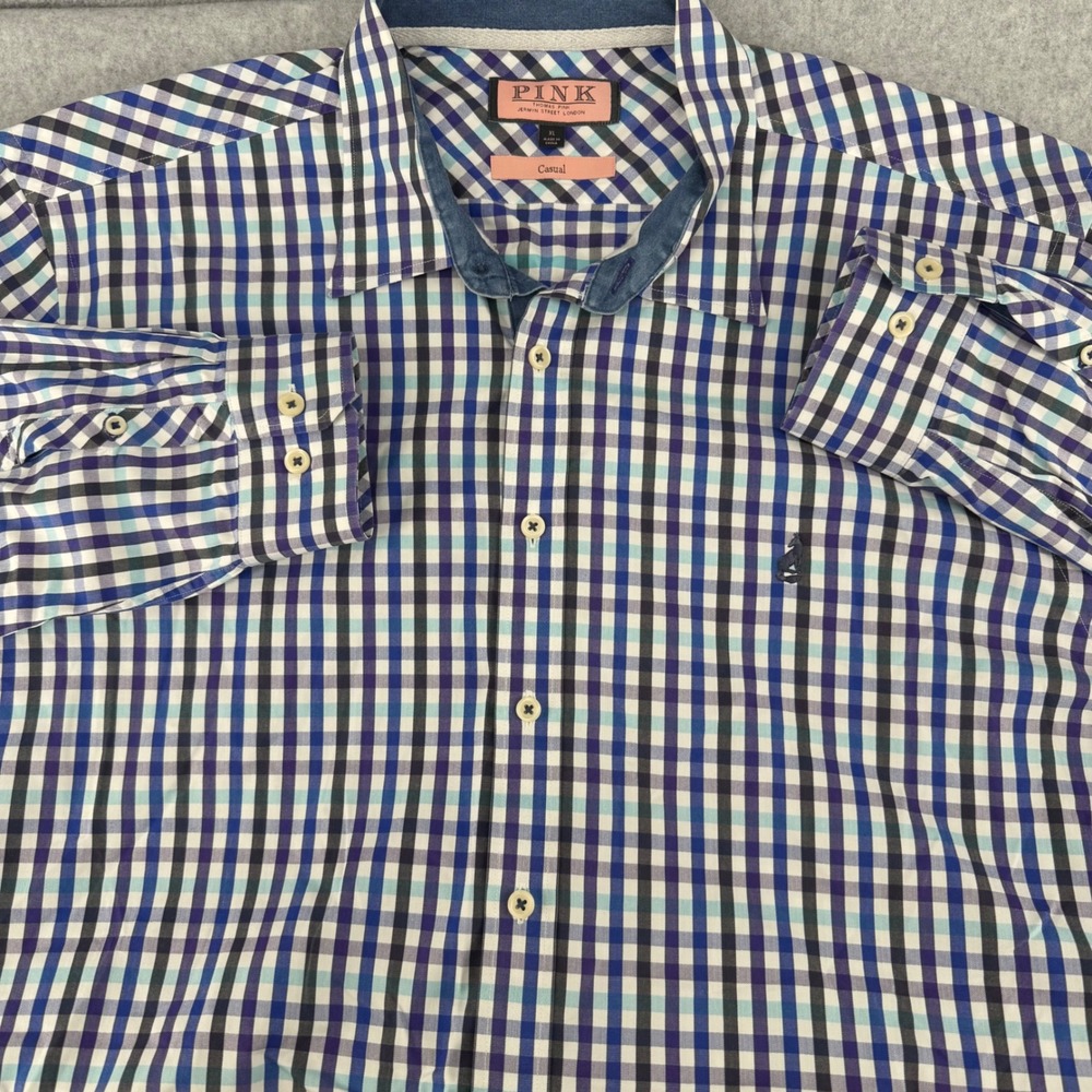 Thomas Pink Jermyn Street London Mens XL Casual Button Down Shirt Blue Check Fox